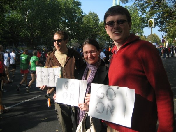 Loyal supporters:Michael, Donna and Alan with their banners of support